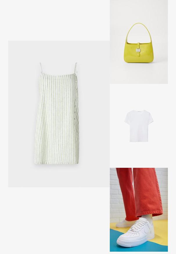 Prúžkované bezrukávové šaty v bielej a zelenej farbe, s rovnom strihom, textúrou pripomínajúcou ľan a s detailmi gombíkov na boku.; Biela kratká dámska tričko s krátkym rukávom vyrobené z mäkkej látky. Má okrúhly výstrih a jednoduchý, čistý dizajn so rovnými okrajmi.; Biele kožené tenisky s perforovanou špičkou, textúrovanou podrážkou a bielymi šnúrkami, spárované so širokými červenými nohavicami na modrom a žltom pozadí.; Žltá lakovaná kožená kabelka so štruktúrovaným tvarom, horným držadlom a predným zacvakávacím uzáverom s kruhovým kovovým logom.