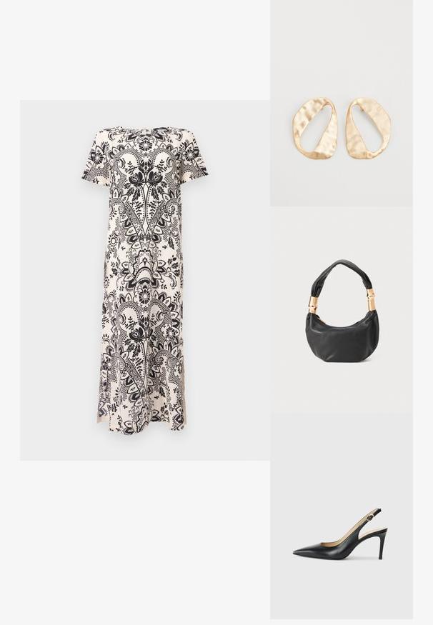 Musta kukkakuosiset mekko vaalean cremin värisellä taustalla, lyhyet hihat, pyöreä pääntie ja sivuhalkiot liikkumisen helpottamiseksi.; Mustat nahkaslingback-korkokengät, joissa on terävä kärki, säädettävä hihna ja tyylikäs stiletto-korko, jotka tarjoavat sileän pinnan.; Musta nahkalaukku pyöreällä muodolla, pehmeällä pinnalla ja solmulla varustetulla kahvalla, jossa on kultasävyiset yksityiskohdat. Vetoketjusuljenta.; Pari epämuodostuneita soikeita kultasävyisiä metallikorvakoruja, joissa on teksturoitu, hieman hakattu pinta valkoista taustaa vasten.