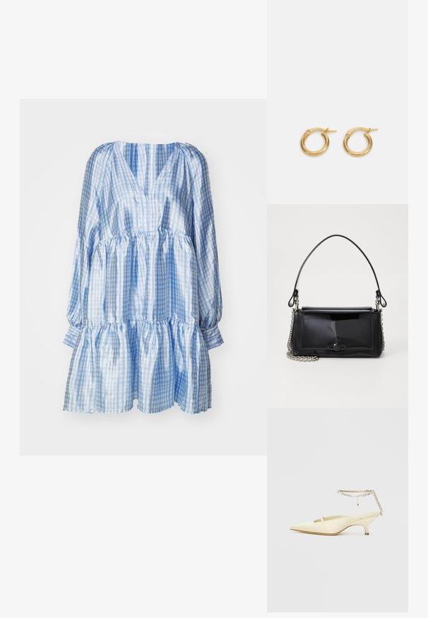 Sininen ja valkoinen ruudullinen mekko pitkillä puffihihnoilla, V-pääntiellä ja frillahelmoilla, valmistettu kevyestä ja kiiltävästä kankaasta.; Kärkiasteeltaan terävä, keltainen satiininen slingback-kengä, jossa on matala korko ja koristeellinen ketjuselkä }-remmi, jossa on kimalteita. Sujuva pinta, minimaalinen muotoilu.; Musta lakattu nahkalaukku suorakaiteen muotoisena, ketjuhihnalla ja erottuvalla varustusesineellä keskellä. Siveltimellinen pinta.; Kultaiset renkaat korvakorut kiillotetulla pinnalla, joissa on sileä pyöreä muoto ja turvallinen suljin. Yksinkertainen muotoilu ilman lisäkoristeita.