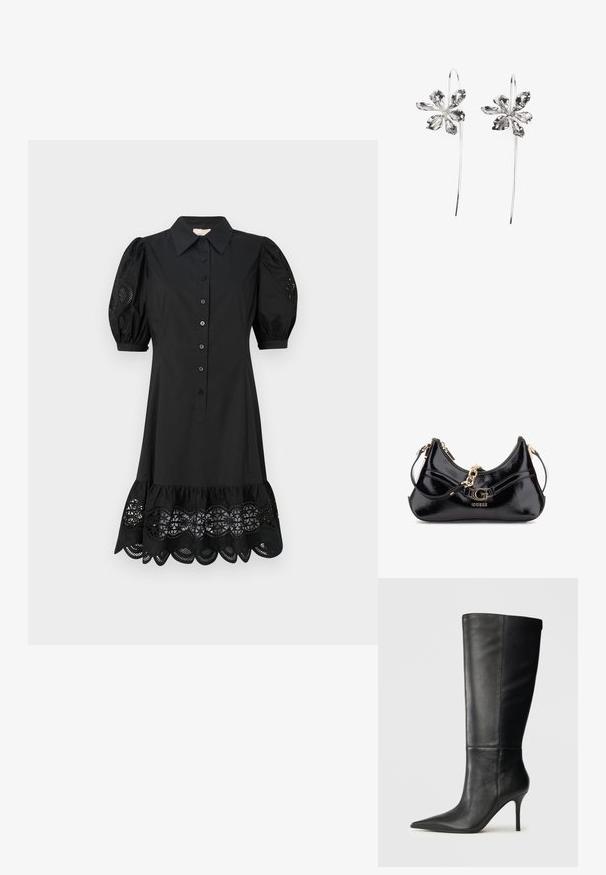 Czarna sukienka z zapięciem na guziki z przodu, krótkimi bufkami oraz koronkowym wykończeniem dołu z falistym wzorem i otworami w kształcie oczek.; Czarne skórzane kozaki do kolan z ostrym noskiem i cienkim obcasem typu stiletto, o gładkiej fakturze, przedstawione z boku na neutralnym tle.; Czarna torebka z lakierowanej skóry o zakrzywionym kształcie, z złotymi akcentami oraz wyraźnym logo. Zawiera odpinany pasek na ramię.; Srebrne kolczyki w kształcie kwiatu z teksturowanym wykończeniem, z długimi haczykami i detalami przypominającymi płatki dla stworzenia skomplikowanego wzoru.