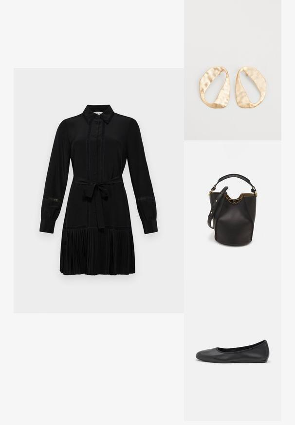 Black dress with a shirt collar, long sleeves, button front, and a belted waist. Pleated skirt detail and lace accents on sleeves.; Black leather ballet flat with a rounded toe, smooth texture, minimal stitching detail, and a flexible sole design.; Black leather bucket bag with a textured finish, gold hardware accents, and an open top. Features a short handle and adjustable shoulder strap.; Pair of irregular oval-shaped gold-toned metal earrings with a textured, slightly hammered surface on a white background.
