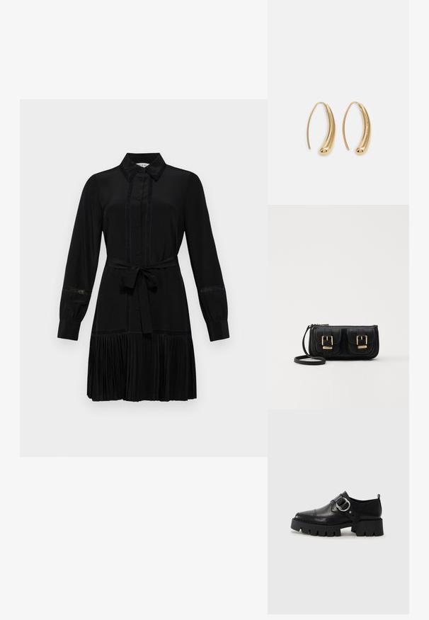 Abito nero con colletto a camicia, maniche lunghe, apertura con bottoni e vita con cintura. Dettaglio della gonna plissettata e accenti in pizzo sulle maniche.; Scarpe in pelle nera con suola spessa e rigata, dotate di un accento in metallo argentato a forma circolare e dettagli di cucitura minimal.; Borsa a tracolla nera in pelle con due tasche frontali, fibbie dorate, chiusura con zip e una tracolla sottile. Superficie texturizzata e forma rettangolare compatta.; Orecchini a cerchio in metallo color oro con forma curva ed allungata. Presentano una superficie liscia e lucida e una punta arrotondata per un tocco di dettaglio in più.