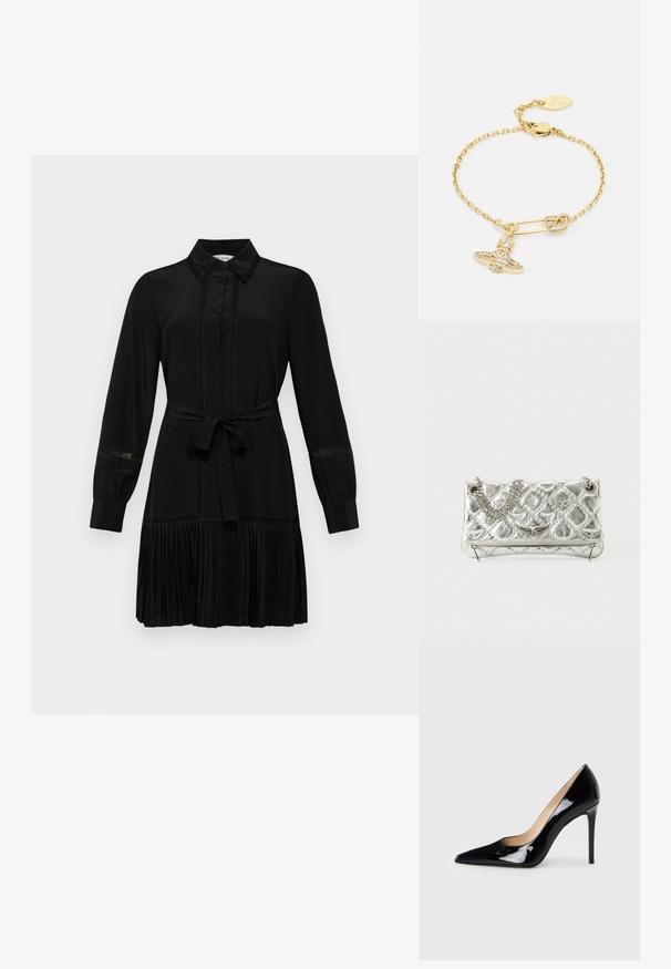 Abito nero con colletto a camicia, maniche lunghe, apertura con bottoni e vita con cintura. Dettaglio della gonna plissettata e accenti in pizzo sulle maniche.; Décolleté in pelle verniciata nera con design a punta e silhouette elegante. Presenta una finitura liscia e lucida e un tacco a stiletto sottile.; Borsa a tracolla in metallo argento con manico a catena, texture trapuntata, cuciture decorative e chiusura zip. Presenta dettagli in rilievo sul fronte.; Bracciale in tono oro con design a catena, decorato con un charm a forma di spilla di sicurezza e un motivo a fiocco scintillante. Include una chiusura a moschettone e un'etichetta con logo.