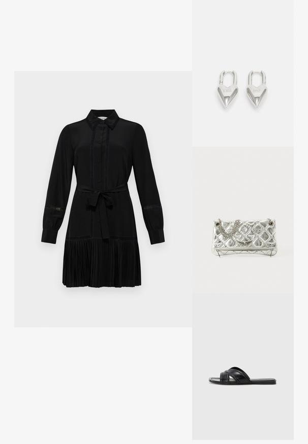 Schwarzes Kleid mit Hemdkragen, langen Ärmeln, durchgehender Knopfleiste und tailliertem Bund. Faltenrock-Detail und Spitzenelemente an den Ärmeln.; Schwarze Rutsch-Sandalen mit glattem Leder-Finish, ausgestattet mit überkreuzten Riemen und Ausschnitten sowie einer flachen, flexiblen Sohle.; Silberne metallische Handtasche mit Kettenhenkel, gestepptem Muster, dekorativer Naht und Reißverschluss. Verfügt über geprägte Akzente auf der Vorderseite.; Silberne herzförmige Vorhängeschlösser mit eingravierten "JA"- und "NEIN"-Texten, polierte Oberfläche, symmetrisches Design und einem robusten Metallverschluss.