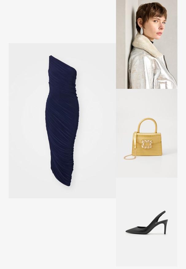 Sötétkék, egyvállas ruha, gyűrt anyagból készült, testhezálló kialakítással, egyenes sziluettel és sima textúrával.; Fekete bőrszíjjal ellátott magassarkú cipők, hegyes orral, elöl kivágott dizájnnal és vékony stiletto sarkakkal.; Sárga műbőr krokodil mintás kézitáska strukturált kialakítással, felső fogantyúval, leválasztható lánccal és díszes kristály díszítéssel a záron.; Ezüst fémes bőrkabát, gyapjúgallérral, cipzáros záródással és texturált felülettel. Nagy, csepp alakú fülbevalók átlátszó drágakövekkel.