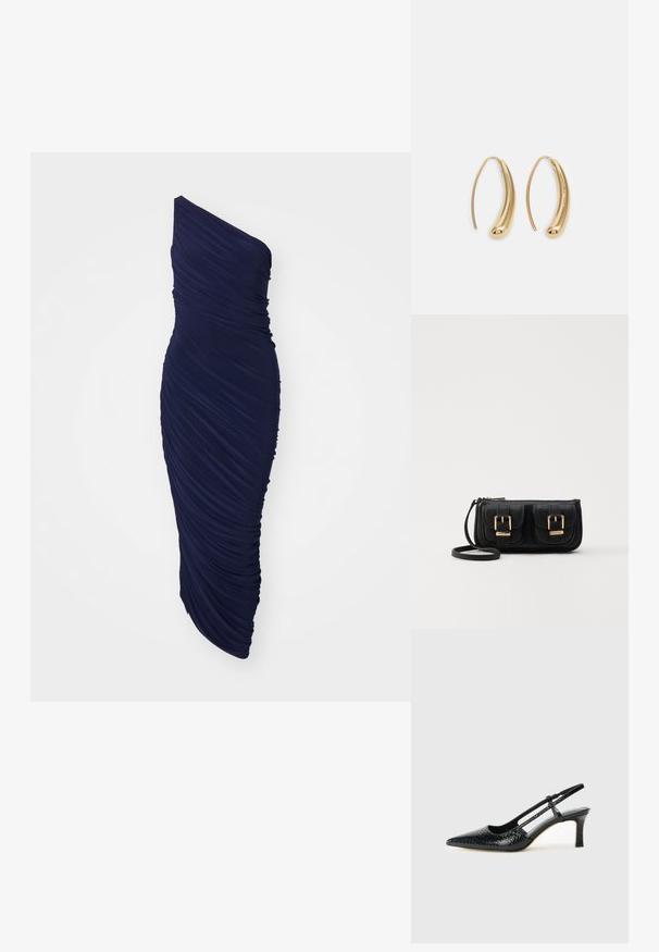 Laivastonsininen, yhdestä olasta oleva mekko, joka on valmistettu poimutetusta kankaasta. Mekko on muotoa myötäilevä ja siinä on suora siluetti sekä sileä pinta koko matkalla.; Musta patent slingback-kiilakorko teräväkärkisellä muotoilulla, jossa on teksturoitu käärmeennahkakuosi, säädettävä remmi ja lyhyt, teksturoitu blokkiheel.; Musta nahkainen olkalaukku, jossa on kaksi etutaskua, kultaiset soljet, vetoketjukiinnitys ja kapea hihna. Teksturoidun pinnan ja kompaktin suorakaiteen muoto.; Korvakorut kultasävytteistä metallista, joissa on kaareva, pitkänomainen muoto. Ominaisuuksiin kuuluu sileä, kiiltävä pinta ja pyöreä kärki lisäyksinä.