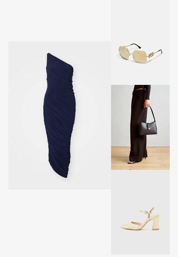 Tumedat sinine, ühe õla kleit, mis on valmistatud rukkude kangast, kehakumerust rõhutav disain, sirge siluett ja ühtlane tekstuur.; Kuldmetallist kontsaking, millel on terav nina, ankle strap ringikujulise lukuga ja paksem kontsadisain. Sile tekstuur.; Versace MEDUSA BIGGIE - Päikeseprillid - gold-coloured/gold-coloured; Must musta kott, millel on struktureeritud kuju, sile tekstuur ja metallist klamber. Kombineeritud laiate mustade pükstega ja avatud varvaste sandaalidega puidust põrandal.