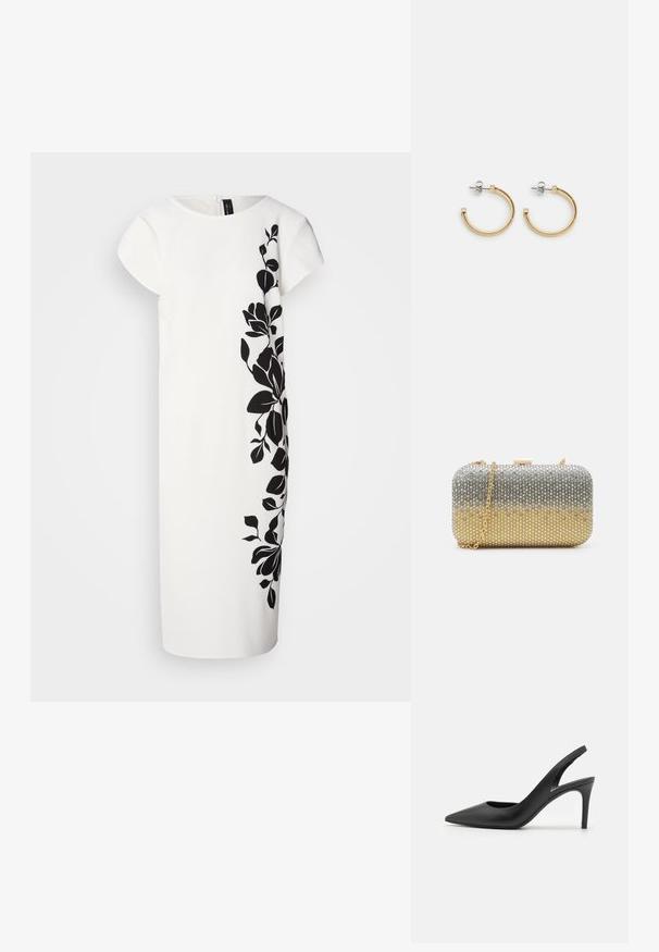 White dress with short sleeves, featuring a black floral design on one side. Soft texture, knee-length cut, clean lines, and back zipper.; Black leather slingback high heels with a pointed toe design, featuring a cutout at the front and a thin stiletto heel.; Mascara Clutch - gold-coloured/silver-coloured; Gold hoop earrings with a twisted rope design, silver posts, and square accents. Smooth metallic finish with a polished look.