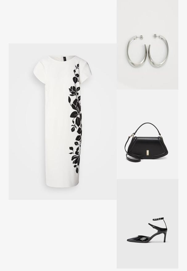 Abito bianco a maniche corte, con un design floreale nero su un lato. Texture morbida, taglio al ginocchio, linee pulite e zip sul retro.; Décolleté in pelle eco-patent nera con punta affilata, cinturini alla caviglia regolabili e tacco sottile. Texture liscia con una finitura lucida.; Borsa a mano in pelle nera con un design strutturato, caratterizzata da una forma corta, manico superiore e accessori in metallo dorato. Inclusa tracolla regolabile.; Orecchini a cerchio argentati con un design liscio e curvo. Presentano una finitura metallica lucida e una chiusura a perno. Nessun motivo o accentuazione visibile.