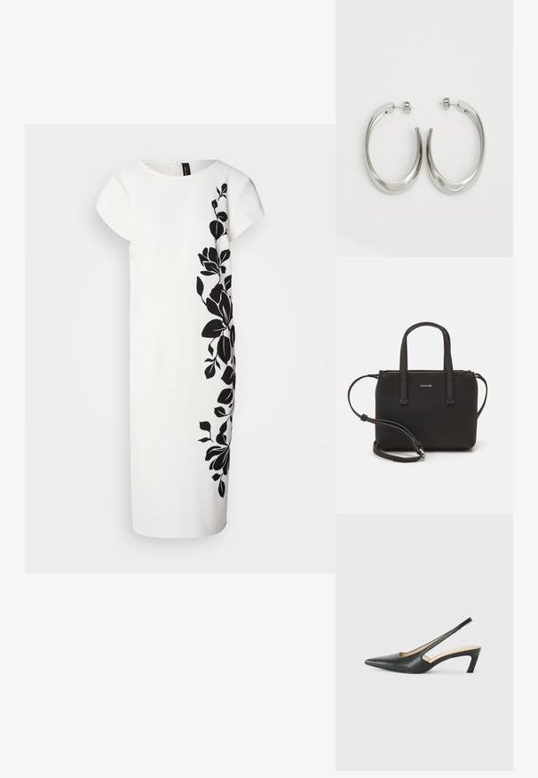 Valkoinen mekko lyhyillä hihoilla, jossa on musta kukkakuosi yhdellä sivulla. Pehmeä rakenne, polvipituinen leikkaus, puhtaat linjat ja takavetoketju.; Musta, kärjeltään terävä slingback-kengä, jossa on matala korko. Kengässä on sileä nahkamateriaali ja sivuilla leikkaukset hengittävyyttä varten.; Musta käsilaukku, jossa on kaksinkertaiset lyhyet kahvat ja irrotettava olkahihna. Silkkinen nahkatunneinen materiaali, jossa on vetoketjukiinnitys ja logoyksityiskohta.; Hope hopeista, joissa on sileä, kaareva muotoilu. Varustettu kiiltävällä metallipinnoitteella ja nappikiinnityksellä. Ei näkyviä kuvioita tai koristeluja.