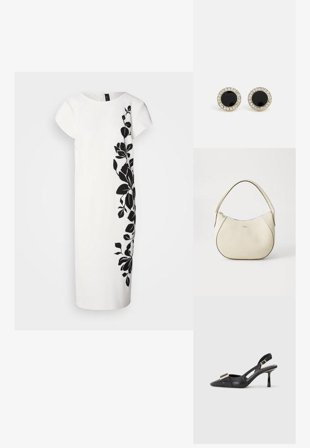 Witte jurk met korte mouwen, met een zwarte bloemenprint aan één kant. Zachte textuur, knie-lange snit, strakke lijnen en een rits aan de achterkant.; Zwarte leren slingback schoen met een spitse neus, slanke hak en een gouden hardwareaccent op de wreef. Glad textuur en gestructureerd ontwerp.; Crème-kleurige handtas met een gestructureerde afwerking, gebogen vorm, korte handgreep en een goudkleurige logo-applicatie. Ritsafsluiting aan de bovenkant.; DKNY INLAY STUD - Oorbellen - black/gold-coloured