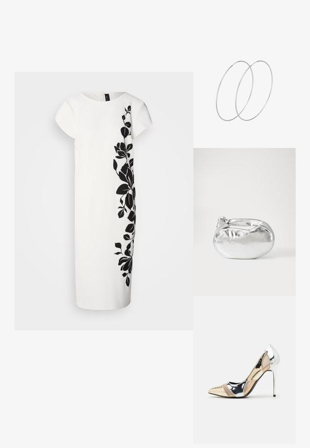Robe blanche à manches courtes, avec un motif floral noir sur un côté. Texture douce, coupe aux genoux, lignes épurées et fermeture éclair au dos.; Chaussure à talon aiguille à bout pointu avec un schema de couleurs argent, or et nude. Fini brillant avec un design découpé, dotée d'un talon stiletto.; Pochette en métal argenté avec une forme douce et arrondie et un fermoir en haut noué. Fabriquée en simili cuir lisse.; Boucles d'oreilles en argent au design minimaliste. Forme circulaire, texture lisse et profil fin. Légères avec une finition polie.