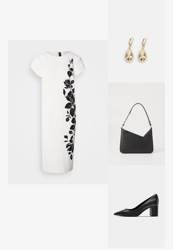 White dress with short sleeves, featuring a black floral design on one side. Soft texture, knee-length cut, clean lines, and back zipper.; Black leather pump with a pointed toe and a chunky square heel. Smooth texture, simple design, suitable for formal settings.; Black leather handbag with a triangular shape, a slim strap, and silver hardware. Features a zip closure and embossed logo on the front.; Gold teardrop earrings with a polished finish, featuring a small clear stone accent at the hook for added detail.