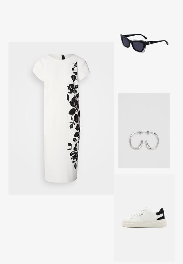 Robe blanche à manches courtes, avec un motif floral noir sur un côté. Texture douce, coupe aux genoux, lignes épurées et fermeture éclair au dos.; Baskets en cuir blanc avec une épaisse semelle blanche, un accent en daim noir au niveau du talon et un logo embossé sur le côté. Design à lacets avec six œillets.; Lunettes de soleil noires surdimensionnées avec une forme géométrique, dotées de verres foncés et d'un détail gris contrastant sur la monture. Logo sur la branche.; Boucles d'oreilles en argent avec une finition lisse et brillante. Forme arrondie, conception légère, avec un fermoir à tige.