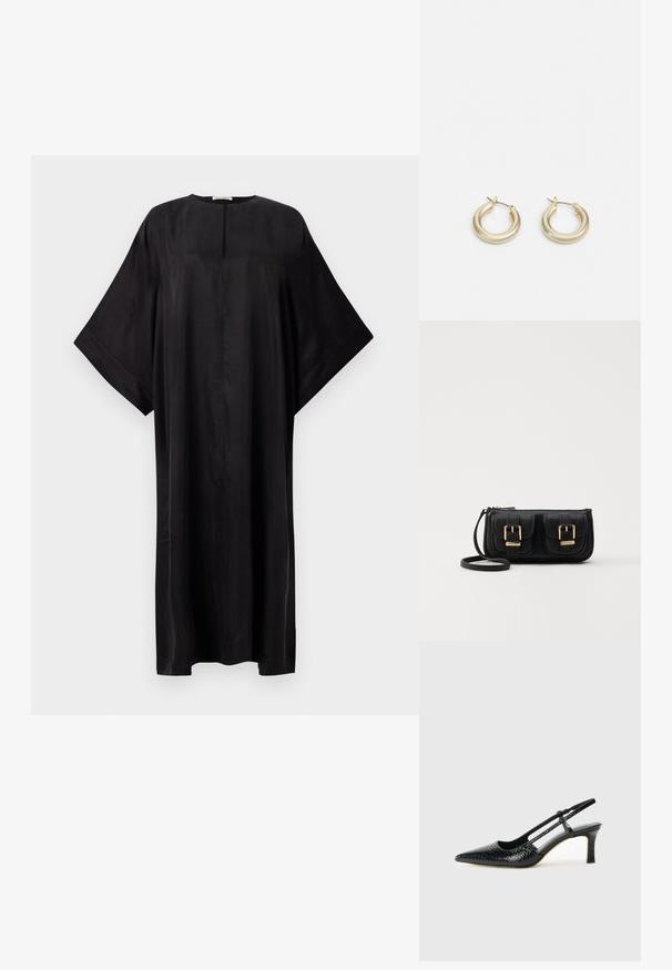 Musta maksimekko löysällä mitoituksella, leveillä hihoilla, pyöreällä kaula-aukolla ja pienellä etuhalkiolla. Valmistettu sileästä, kevyestä kankaasta.; Musta patent slingback-kiilakorko teräväkärkisellä muotoilulla, jossa on teksturoitu käärmeennahkakuosi, säädettävä remmi ja lyhyt, teksturoitu blokkiheel.; Musta nahkainen olkalaukku, jossa on kaksi etutaskua, kultaiset soljet, vetoketjukiinnitys ja kapea hihna. Teksturoidun pinnan ja kompaktin suorakaiteen muoto.; Lauren Ralph Lauren BASIC SMALL HOOP - Korvakorut - gold-coloured