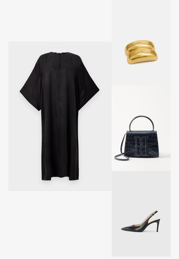 Černé maxi šaty s volným střihem, širokými rukávy, kulatým výstřihem a malým předním rozparkem. Vyrobené z hladkého a lehkého materiálu.; Černé kožené lodičky na podpatku s špičatou špičkou, nastavitelným páskem a elegantním jehlovým podpatkem, vyznačující se hladkým povrchem.; Černá kabelka z krokodýlí kůže s embosovaným vzorem, strukturovaným designem, horním uchycením, nastavitelným popruhem a výrazným logem na přední straně.; Zlatý kovový vlásenka s hladkým, zaobleným designem. Povrch je reflexní, s prolnutým, zakřiveným tvarem bez dalších ozdob.