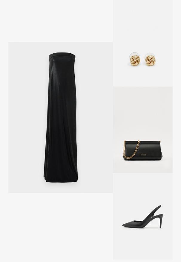 Schwarzes, trägerloses Maxikleid aus glattem, glänzendem Stoff. Es hat ein figurbetontes Oberteil und eine fließende Silhouette, die den Boden erreicht, ohne Verzierungen.; Schwarze Leder Slingback High Heels mit einem spitzen Zehendesign, das an der Vorderseite ein Ausschnitt hat und einen dünnen Stilettoblock. ; Schwarze Leder-Clutch mit einer goldenen Ketten-Trage, die eine glatte Oberfläche, rechteckige Form und geprägtes Branding auf der Vorderseite aufweist.; Goldfarbene Ohrstecker mit Knoten in gedrehter Ausführung. Jeder Ohrstecker verfügt über eine runde, transparente Rückseite für sicheren Halt.
