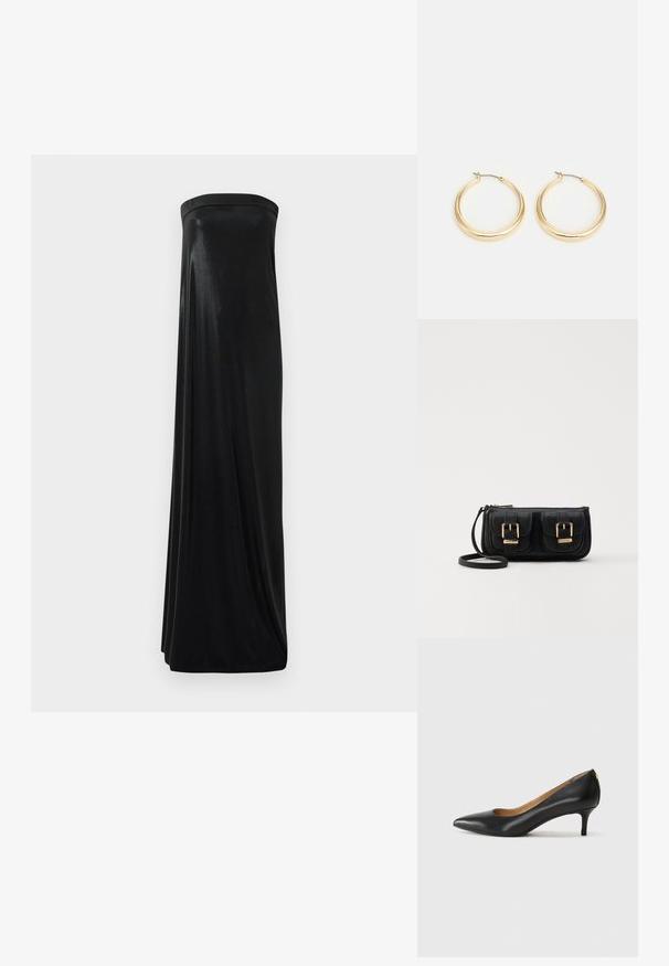 Vestido maxi negro sin mangas, hecho de una tela suave y brillante. Presenta un corsé ajustado y una silueta fluida, llegando hasta el suelo sin adornos.; Zapato de tacón negro de cuero con punta afilada, tacón bajo y textura suave. Presenta una ligera apertura en la parte frontal y un hardware minimalista en la parte trasera.; Bolso cruzado de cuero negro con dos bolsillos frontales, hebillas doradas, cierre de cremallera y una correa delgada. Superficie texturizada y forma rectangular compacta.; Pendientes de aro en tono dorado con un diseño suave y redondeado, que presentan un cierre de alambre delgado y un acabado pulido para un aspecto brillante.