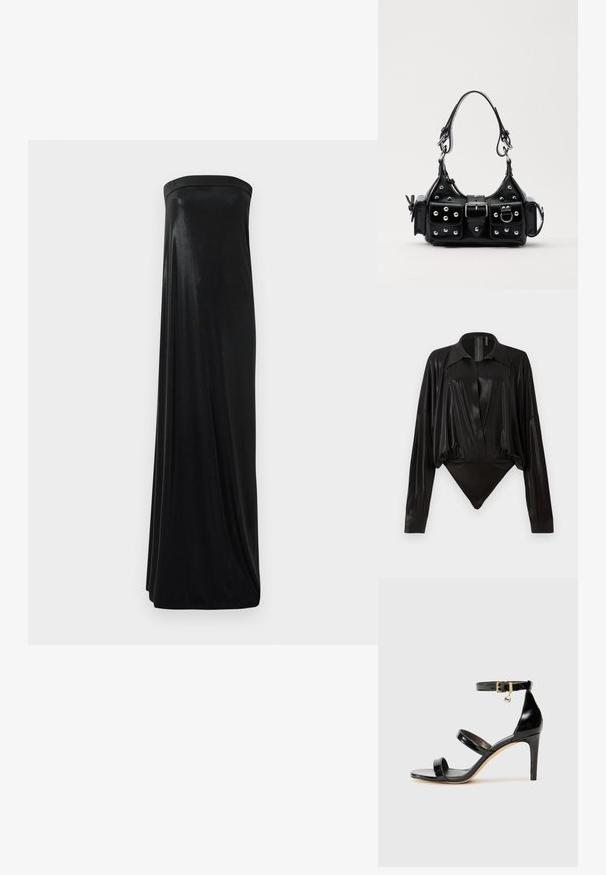 Juoda maxi suknelė be petnešėlių, pagaminta iš glotnaus, blizgaus audinio. Suknelė turi prigludusią viršūnę ir laisvą siluetą, siekiantį grindis, be jokių puošmenų.; Juodas bodžiukas su ilgomis rankovėmis, V formos iškirpte ir prigludusia siluetu. Pagamintas iš blizgaus, lygaus audinio su struktūrizuotu apykakle ir rankogaliais.; Juodas patentuotas odinis sandalai su trimis diržais, kulkšnies sagtimi ir 4 colių stiletto kulnu. Yra aukso detalės ir logotipo žavesys.; Juodas odinis rankinukas su kreiviu dizainu, su sidabro spalvos knopkėmis, užsegimu ir dviem šoninėmis kišenėmis. Reguliuojama dirželis nešimui.
