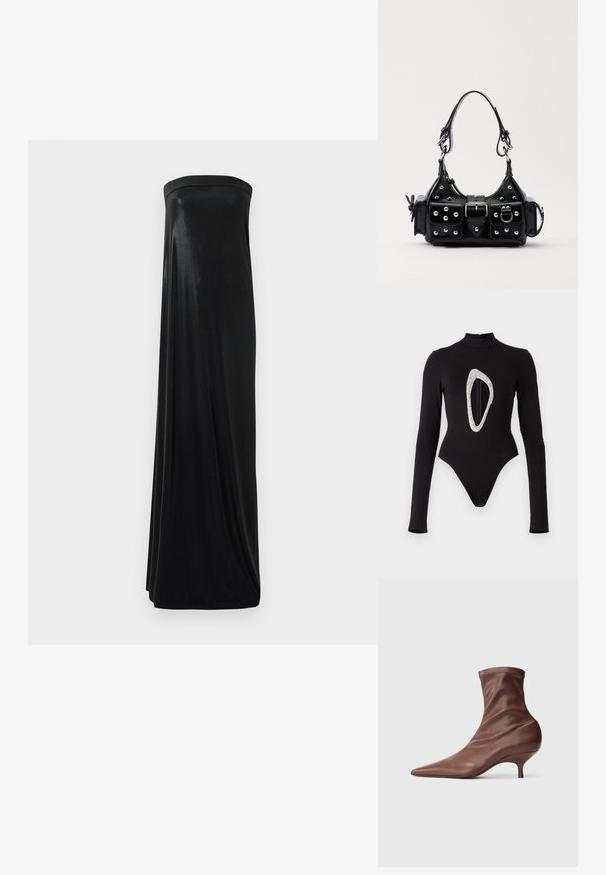 Černé dlouhé šaty bez ramínek vyrobené z hladké, lesklé textilie. Mají přiléhavý korzet a splývavý střih, sahající až k zemi, bez ozdob.; Černý dlouhý rukáv bodysuit s vysokým límcem, přední část má velký třpytivý oválný výřez. Hladká látka s vysokým vykrojením nohavic.; Hnědé kotníkové boty s ostrou špičkou, středním podpatkem a jemným hladkým koženým svrškem na světlém pozadí.; Černá kožená kabelka s křivkovým designem, zdobená stříbrnými hřebíky, s přezkou a dvěma bočními kapsami. Nastavitelný popruh pro různé možnosti nošení.