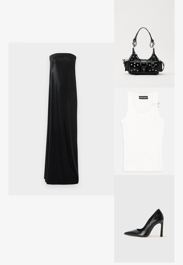 Čierna maxi šaty bez ramienok vyrobené z hladkej, lesklej látky. Majú priliehavú korzetovú časť a splývavý strih, ktorý sa dotýka zeme bez ozdôb.; Biely rebrovaný top s okrúhlym výstrihom a kovovým detailom na ramene. Mäkká textúra, priliehavý strih a bezrukávový štýl.; Čierna lodička s špicatou špičkou a lakovanou textúrou krokodíla, s elegantným dizajnom, vysokým stiletto podpätkom a hladkým čiernym interiérom.; Čierna kožená kabelka s zakriveným dizajnom, doplnená striebornými cvočkami, prackou a dvoma bočnými vreckami. Nastaviteľný popruh poskytuje rôzne možnosti nosenia.