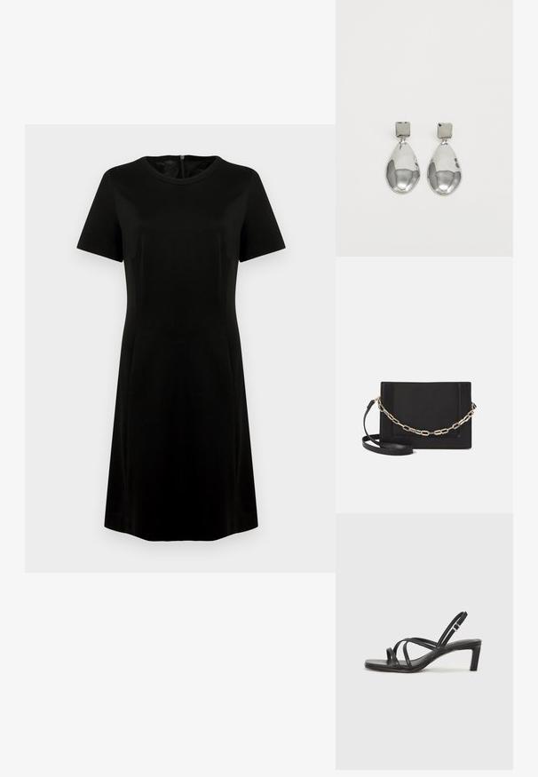Černé šaty s krátkými rukávy, kulatým výstřihem a hladkou texturou. Mají jemný střih do áčka a zapínání na zip na zadní straně.; Černé sandály na tenkém podpatku se čtveratou špičkou a nízkým blokovým podpatkem. Mají několik tenkých popruhů a nastavitelné zapínání okolo kotníku. Vyrobeny z hladké kůže.; Černá kožená crossbody taška s hladkým povrchem, obdélníkovým tvarem a kovovým řetízkem na přední straně. Součástí je nastavitelný popruh.; Stříbrné kapkové náušnice se čtvercovou například, s hladkým, lesklým povrchem a kapkovým tvarem, odrážející světlo lesklým povrchem.