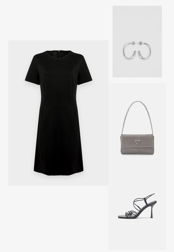 Marc Cain Rochie din jerseu - black; Sandale negre cu toc înalt au curele subțiri cu un design legat, un vârf pătrat neted și un toc stiletto elegant.; Geantă metalică gri deschis, cu un strap din lanț, decorată cu mici ținte circulare metalice și un logo de marcă triangular.; Cercei rotunzi din argint cu un finisaj neted și strălucitor. Design ușor, având o formă rotundă și închidere cu tijă.