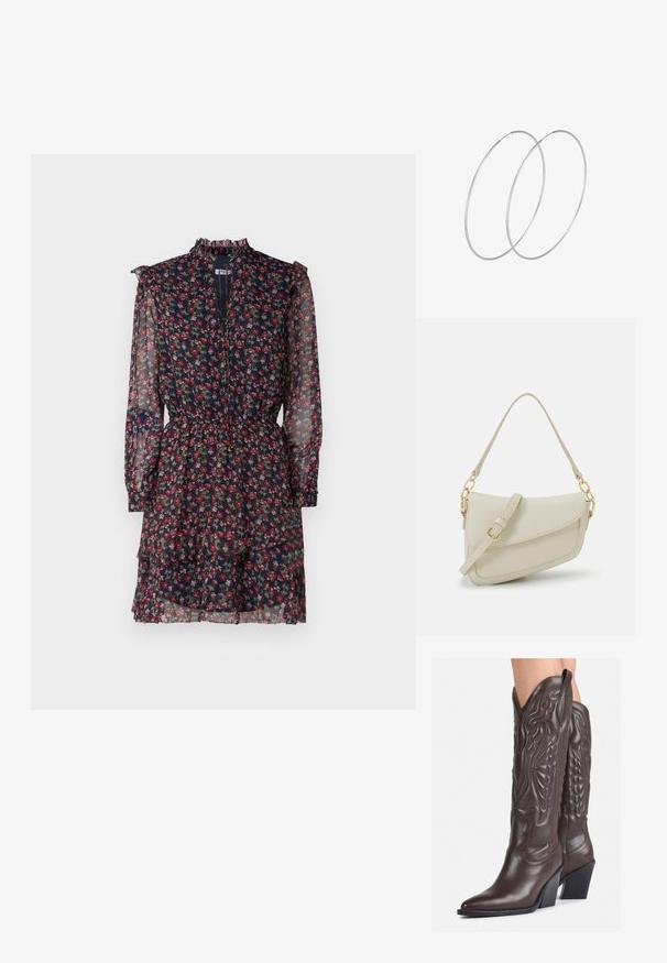 Květinové šaty vyrobené z průhledné námořnické tkaniny s červenými a zelenými vzory, volánkovým vysokým límcem, dlouhými rukávy a stahovaným pasem se zdvojenou sukní.; Hnědé kožené kovbojské boty s špičatou špičkou a blokovým podpatkem, se zdobným prošíváním a vyvýšenými akcenty na nárazu.; Malá krémová kabelka s texturovaným povrchem, dlouhým nastavitelným popruhem, řetízkovým akcentem a klopou. Ozdobné detaily zlaté barvy.; Stříbrné kruhové náušnice s minimalistickým designem. Kruh, hladký povrch a tenký profil. Lehká konstrukce s lesklým povrchem.