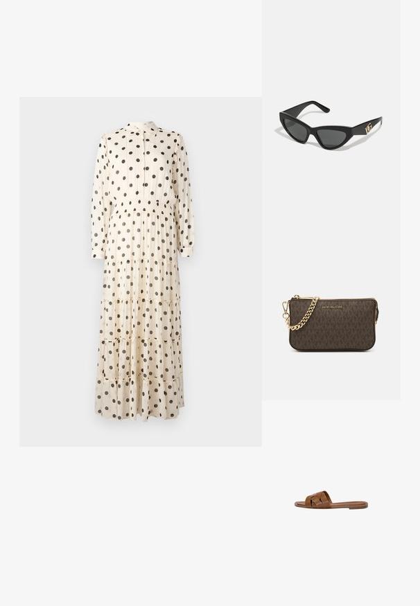 Długa, kremowa sukienka wykonana z lekkiego materiału, z czarnymi groszkami, z guzikami z przodu, kołnierzykiem i warstwowym designem.; Brązowe skórzane klapki z krzyżującymi się paskami, płaską podeszwą i gładką fakturą. Prosty design bez ozdób czy wzorów.; Okulary przeciwsłoneczne w kształcie kocich oczu z matową czarną oprawką z plastiku, ciemnymi soczewkami oraz złotym akcentem z logo na zausznicy. Kanciasty kształt i gładka tekstura.; Brązowa skórzana torebka na ramię z wzorem logo, złotym łańcuszkiem na pasku, zapięciem na zamek błyskawiczny oraz złotymi akcentami. Kompaktowy i prostokątny kształt.