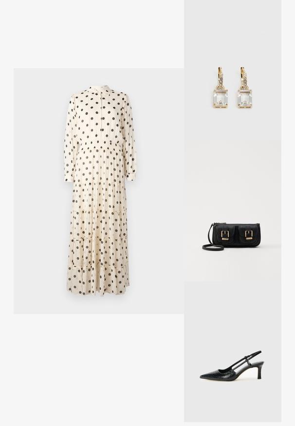 Kerge, kreemika värvi kleit, mis on valmistatud kergest kangast, mustade laigudega, nööpidega ees, kraedetailiga kaelus ja kihiline kujundus.; Mustmust paelad, millel on terav varvas, tekstuuriga maduprindiga, reguleeritav rihm ja lühike tekstuuriga plokknina.; Must küllastamata nahast õlakott, millel on kaks esist nähtavat taskut, kuldsed pandlad, tõmblukuga sulgemine ja peen rihm. Tekstuuriga pind ja kompaktne ristkülikukujuline kuju.; Kuldtooni kõrvarõngad, millel on ristkülikukujuline, selge kristall, mis ripub allapoole väikeste ümmarguste selgete aktsentide rida. Viimistletud, kaasaegne disain.