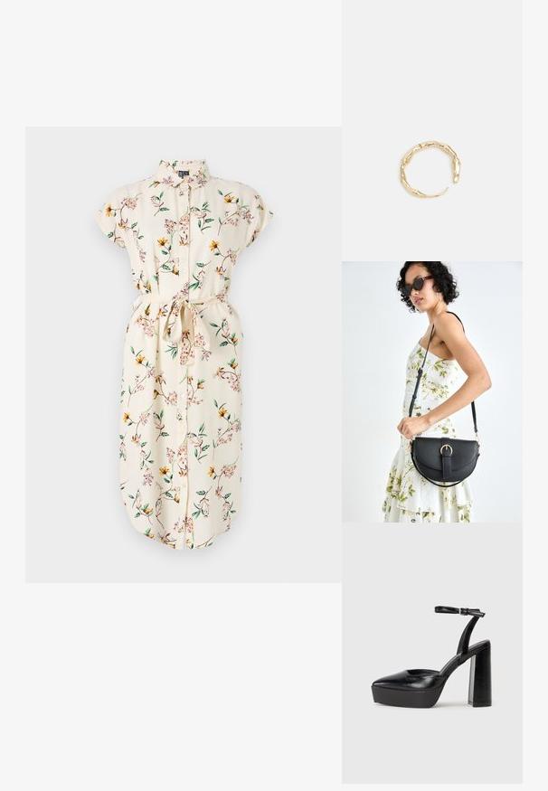 Kreemikas lilleline kleit lühikeste varrukatega, nööpidega ees ja vööga. Omab kollaseid ja roosasid lilli roheliste viinade peal. Pehme kangatekstuur.; Mustad platvormi kontsad terava ninaga ja reguleeritava pahkluuraamiga. Valmistatud siledast nahast, funktsioneerib massiivse plokknäheeliga.; Mustmust mustraha kõverate joontega, eemaldatava rihmaga ja kuldsete detailidega. Kotil on klapp, millel on pandladetail.; Kuldtoonis sõrmus, millel on orgaaniline, keerdunud disain sileda tekstuuri ja kitsenevate otstega, luues kaasaegse skulptuurilise välimuse.