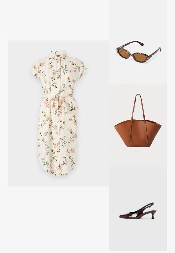 Rochie florală în crem, cu mâneci scurte, cu închidere cu nasturi pe față și un cordon. Prezintă flori galbene și roze pe viță de vie verde. Textură moale a materialului.; Pantofii slingback din piele patent maro, cu vârful ascuțit și un toc moderat. Prezintă o curea cu prindere pentru o potrivire sigură. Textură netedă.; Ochelari de soare cu mâneri tortoise, cu lentile ovale, cu nuanță maro, brațe subțiri ce au un model texturat, cadru din plastic ușor.; Geantă tote din piele maro, cu o formă largă și bine structurată, mânere subțiri și un finisaj texturat. Prezintă un design minimalist, fără hardware vizibil.
