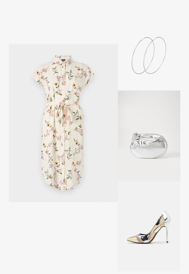 Vestido floral en color crema con mangas cortas, cierre frontal de botones y cinturón. Presenta flores amarillas y rosas sobre viñas verdes. Textura de tela suave.; Zapato de tacón alto con punta afilada en una combinación de colores plateado, dorado y nude. Acabado brillante con diseño recortado, que presenta un tacón de aguja.; Bolsa de pouch metálica plateada con una forma suave y redondeada y un cierre en la parte superior con un nudo. Hecha de un material de imitación de cuero suave.; Pendientes de aro plateados con un diseño minimalista. Forma circular, textura suave y perfil delgado. Livianos con un acabado pulido.