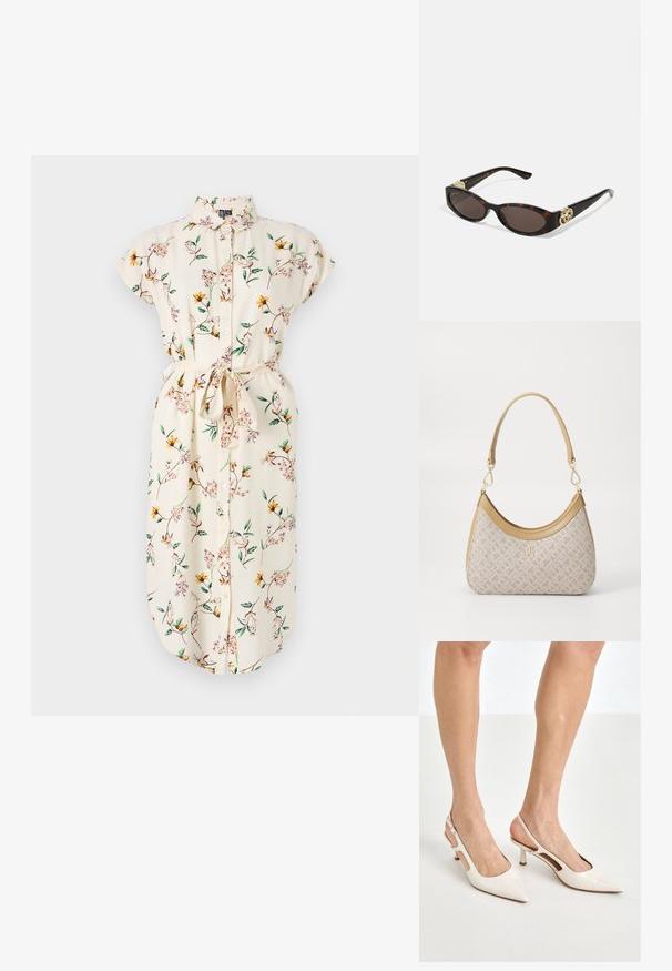 Kwiatowa sukienka w odcieniu kremowym z krótkimi rękawami, zapinana na guziki z przodu oraz z paskiem w talii. Posiada żółte i różowe kwiaty na zielonych pędach. Miękka faktura materiału.; Beżowe lakierowane szpilki z odkrytą piętą, zakończone spiczastym noskiem i 5 cm obcasem, z wyciętymi bokami oraz cienkim paskiem na kostce.; Słoneczne okulary w kolorze żółwi z wydłużonymi owalnymi soczewkami, brązowym odcieniem, złotymi akcentami logo na zausznikach oraz smukłymi czarnymi ramionami.; Beżowa torebka w wzory o zakrzywionym kształcie, z skórzanymi akcentami i złotym logo z przodu. Posiada krótki uchwyt, co ułatwia noszenie.; Naszyjnik z pereł i kryształów o okrągłym, koralikowym wzorze w jasnych odcieniach, z naprzemiennie umieszczonymi perłami i błyszczącymi akcentami, noszony na szyi.