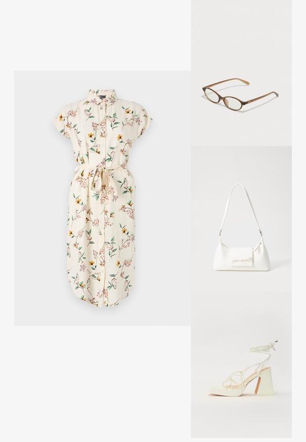Krém színű virágos ruha rövid ujjakkal, gombos felső résszel és övvel. Sárga és rózsaszín virágok találhatók zöld indákon. Puha anyagú.; Fehér, magassarkú szandál vastag sarokkal, pántos dizájnnal és bokapánttal. Sima textúra, elülső platformmal a megnövelt magasság érdekében.; Barna teknős páncélmintás szemüveg, ovális lencsékkel, vékony szárakkal és átlátszó részletekkel. A templomon diszkrét logó található. Elegáns, könnyű dizájn.; Fehér szintetikus kézitáska, háromszög alakú, lapos előlap, masni részlettel, állítható pánttal, sima textúrával és minimalista dizájnnal.