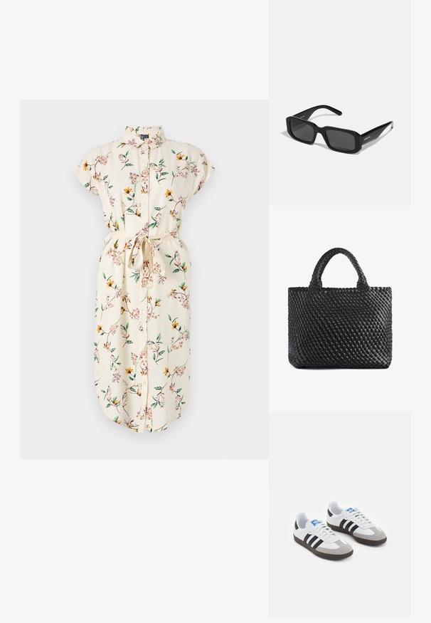 Abito floreale in crema con maniche corte, chiusura a bottoni davanti e una cintura. Presenta fiori gialli e rosa su viti verdi. Tessuto morbido.; Scarpe sportive con tomaia in pelle bianca, punta in suede grigia e tre strisce nere. Presentano un logo blu sulla linguetta e una suola in gomma testurizzata.; Arnette THEKIDD UNISEX - Occhiali da sole - black; Borsa a tracolla nera intrecciata con due manici, caratterizzata da una superficie texturizzata e una forma rettangolare. Design semplice e unico senza hardware visibile.