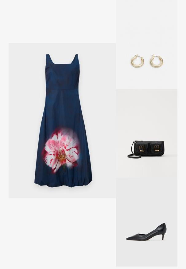 Navyblauwe jurk met een vierkante halslijn en een mouwloos ontwerp; heeft een groot, lichtroze bloemenpatroon aan de voorkant. Stevige textuur.; Zwarte leren pump met een puntige neus en lage hak. Heeft een gladde textuur en een subtiele glans. Open uitsparing aan de voorkant voor extra detail.; Zwarte leren schoudertas met twee vo pockets, gouden gespen, ritsluiting en een smalle band. Tekstuur oppervlak en compacte rechthoekige vorm.; Lauren Ralph Lauren BASIC SMALL HOOP - Oorbellen - gold-coloured