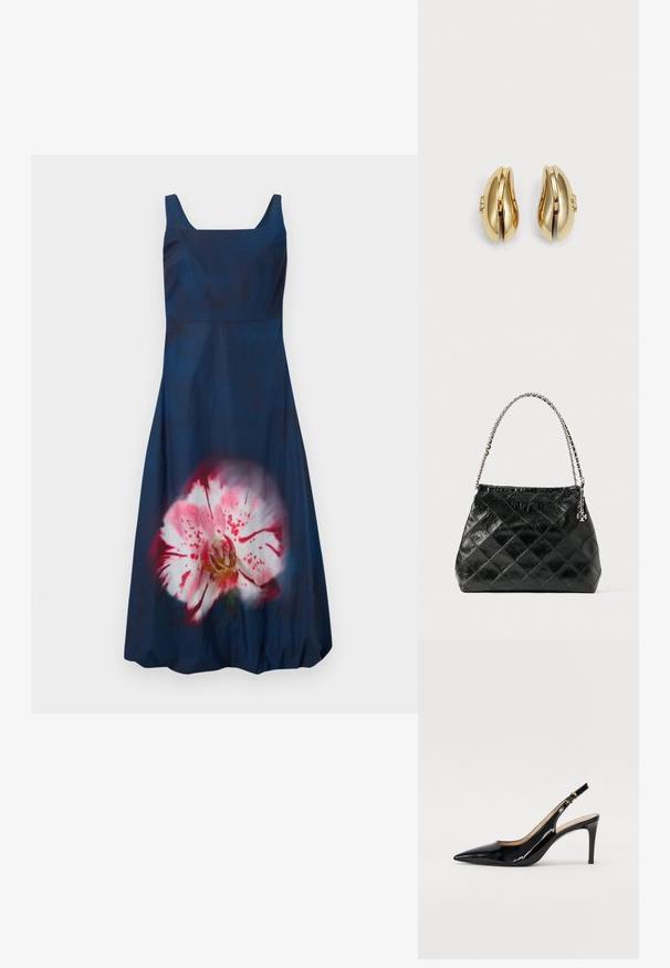 Mornarsko modra obleka s kvadratnim izrezom in brezrokavnim dizajnom; na sprednji strani ima velik, svetlo roza cvetlični vzorec. Gladka tekstura.; Črne lakirane slingback čevlje z izostrenim nosom, ozkim peto in subtilnim izrezom. Na traku je zlata sponka.; Črna usnjena torbica z vzorcem karo, srebrna verižica kot ročaj, z oblikovanim dizajnom in gladko teksturo.; Zlato tonirane uhane s površjem, ki se lepo vije. Vsak uhane ima gladko površino in majhno zaponko z dekorativnim detajlom.