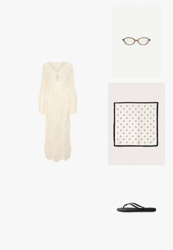 Pitkä, kermavärinen mekko, jossa on V-mallinen kaula-aukko, avainreikäaukko ja pitkät liehuvat hihat. Mekossa on läpi koko kankaan näkyvä teksturoitu, ribbikuvio.; Mustat flip-flopit, joissa on röpelöinen kumipohja, kaksi hoikkaa remmiä ja hillitty, kohokuvioitu logotyyli remmissä.; Kilpikonnakuosiset silmälasit, joissa on soikeat linssit ja tyylikäs, sileä pinta. Ominaisuudet: ohuet sivut, joissa on hienovarainen kaari temppeleissä. Kirkkaat linssit.; Valkoinen silkkihuivi, jossa on toistuva musta geometrinen kuvio, reunustettu tummalla mustalla reunalla. Kevyt ja sileä rakenne.