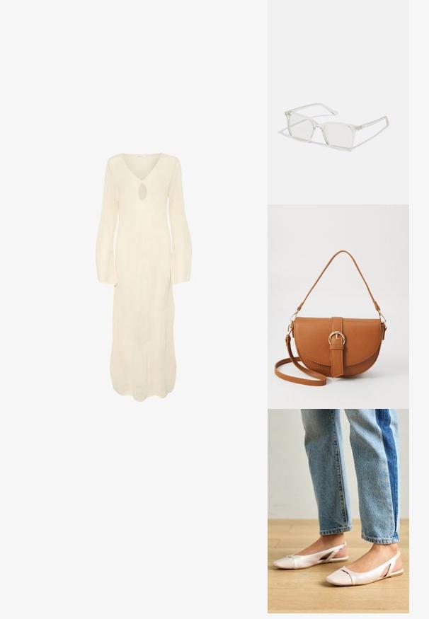 Garšīgs, krēmkrāsas kleita ar V-veida kakla izgriezumu, atslēgas caurumu un garām paplašinātām piedurknēm. Tam ir teksturēts, ribots raksts visā kleitā.; Bālti rozā siksniņu dzīvokļi ar smailu purngalu, izgatavoti no gludas ādas līdzīgās materiāla. Iezīmē izgriezumu detaļas sānos un platu papēdi.; Caursplūstošas kvadrātveida brillēs ar caurspīdīgiem lēcām, ar zelta akcentiem uz tempļiem, lai pievienotu detaļas.; Brūns ādas plecu soma ar izliekta formu, zelta piederumiem un sprādzes akcentu. Iesaiņota ar noņemamu plecu siksnu.