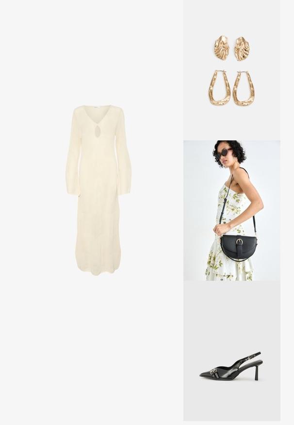 Hosszú, krémszínű ruha V-nyakkal, kulcslyuk formájú nyílással és hosszú, bő szabású ujjal. A teljes felületen textúrázott, bordázott minta látható.; Fekete lakk bőr, hegyes orrú slingback cipő, boka pántokkal, ezüst csatokkal és hardverelemekkel, valamint karcsú sarkú.; Fekete bőrtáska ívelt formával, levehető pánttal és arany színű fémrészekkel. A táskán egy csattal díszített fedél található.; Aranyszínű fülbevalók, texturált, hullámos formákkal. Tartalmazza a szobrászati klipszes studokat és az open hoop kialakítást, kalapácsos felülettel.