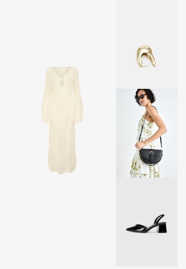 Garšīgs, krēmkrāsas kleita ar V-veida kakla izgriezumu, atslēgas caurumu un garām paplašinātām piedurknēm. Tam ir teksturēts, ribots raksts visā kleitā.; Melna lakota āda ar atvērto papēdi, ar smailu purngalu un ģeometrisku blokpapēdi. Iezīmējas elegants, minimāls dizains un gluda tekstūra.; Melnas ādas rokassoma ar izliekta formu, noņemamu siksnu un zelta aksesuāriem. Somai ir vāciņš ar sprādzes detaļu.; Zeltīti metāla auskari ar gludu, izliekta dizaina. Ar atšķirīgu smailu formu, pulētu virsmu un eņģu aizdari.