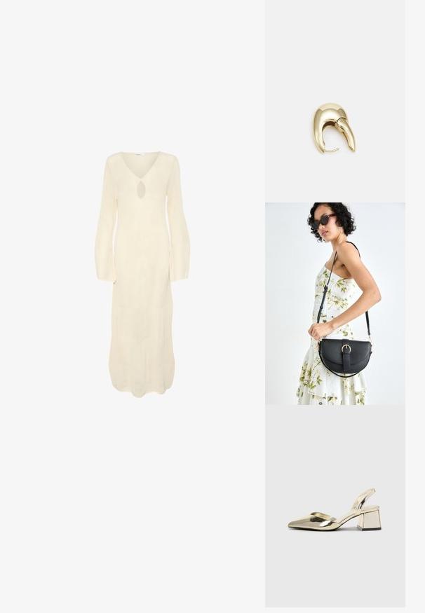 Duga haljina u bež boji s V-izrezom, otvorom u obliku ključa i dugim, lepršavim rukavima. Ima teksturirani, rebrasti uzorak po cijeloj haljini.; Zlatni metalik slingback sandali s šiljatim vrhom i debelim potpeticama. Glatka tekstura, minimalistički dizajn i uski remen.; Crna kožna torba s lukovitim oblikom, odvojivim remenom i zlatnim detaljima. Torba ima preklop s kopčom.; Zlatne metalne naušnice s elegantnim, zakrivljenim dizajnom. Imaju karakterističan šiljast oblik, poliranu površinu i zatvaranje na šarku.