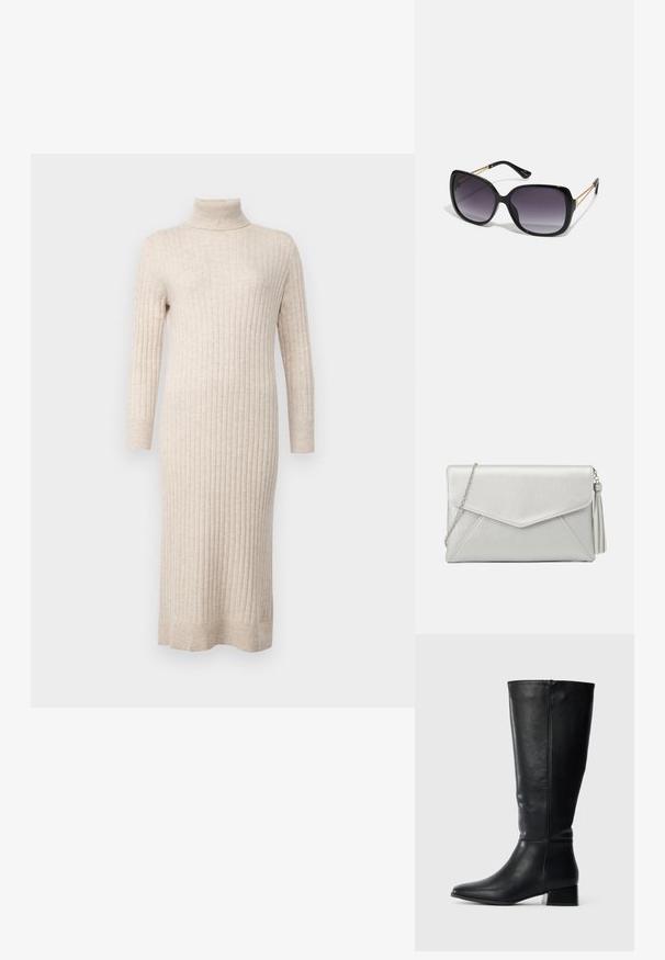 pure cashmere TURTLENECK MAXI DRESS - Pletené šaty - oatmeal; Černá kožená vysoká bota po kolena s nízkým blokovým podpatkem a špičatou špičkou, zobrazená z boku na obyčejném světlém pozadí.; Černé oversized sluneční brýle se gradientními skly, silnými rámy a zlatými řetízkovými detaily na nožičkách.; Stříbrná syntetická kožená kabelka ve stylu obálky s řetízkovým popruhem a detailem střapce na jedné straně, se šikmými švy.