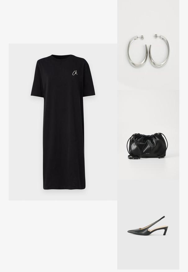Svart T-skjortekjole laget av bomull, med rund hals og korte ermer. Lite hvitt "CK"-logo på venstre bryst.; Svart spiss tå slingback-sko med lav hæl, laget av jevnt skinnmateriale og med utskåret design på siden for pusteevne.; Svart lærveske med samlet design, dobbel snoråpning og avtagbar skulderrem. Har metallisk logodetalj.; Sølvøreringer med en jevn, buet design. Har en blank metallisk finish og en studlås. Ingen synlige mønstre eller aksenter.