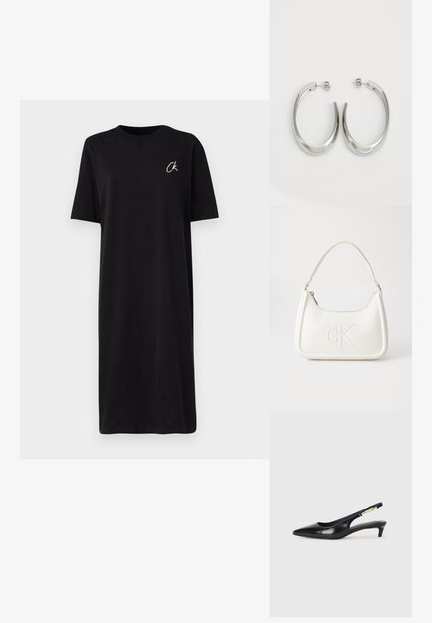 Svart T-skjortekjole laget av bomull, med rund hals og korte ermer. Lite hvitt "CK"-logo på venstre bryst.; Sorte lærreim hæler med spiss tå, som har en slank hæl og en gullfarget detalj på den justerbare stroppen. Glatt tekstur.; Hvit lærveske med en buet fasong, med et preget "CK"-logo på forsiden og en enkel skulderstropp. Glidelåslukking på toppen.; Sølvøreringer med en jevn, buet design. Har en blank metallisk finish og en studlås. Ingen synlige mønstre eller aksenter.