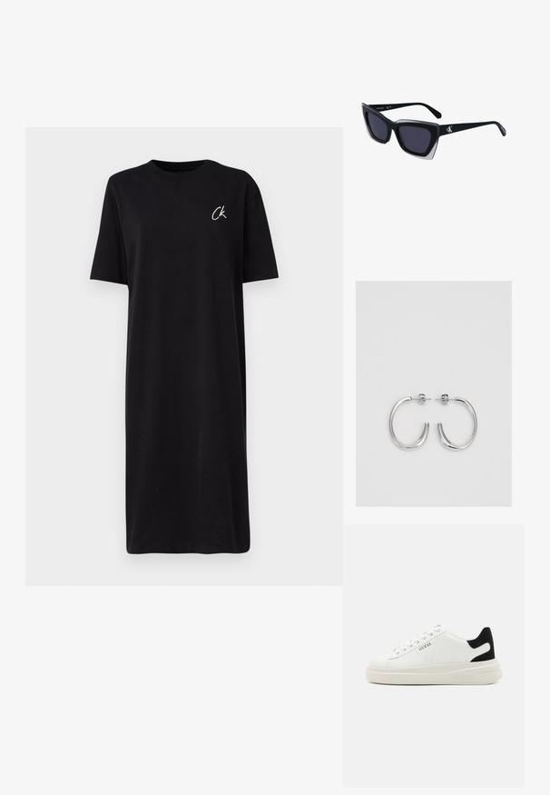Črna majica obleka iz bombaža, z okroglo ovratnico in kratkimi rokavi. Majhen bel logotip "CK" na levem prsnem delu.; Bele usnjene športne copate z debelim belim podplatom, črnimi semišnimi detajli na peti in utisnjenim logotipom na strani. Zavezovanje s šestimi luknjicami.; Črne prevelike sončne očala geometrijske oblike, z temnimi lečami in kontrastno sivo podrobnostjo na okvirju. Logo na ročaju.; Srebrne obročaste uhane z gladko, sijočo površino. Zaobljena oblika, lahka zasnova, z zapiranjem na zatič.