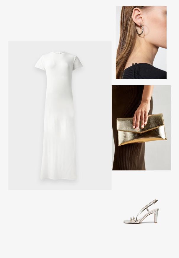 Garšs, pieguļošs, balts svārki ar īsām piedurknēm, apaļu kakla izgriezumu, gludu tekstūru un līdz zemei garu dizainu. Nav redzamu rakstu vai akcentu.; Metāliski sudraba augstpapēžu sandaļi ar atvērtu purngalu, kas aprīkoti ar trim plāniem siksniņām pāri pēdai un potītes siksniņu ar sprādzi.; Zelta metalizēta sajūga soma ar gludu tekstūru, kuru rotā trīsstūrveida vāks. Rokai, kas to tur, ir kārtīgi apgriezti nagi.; Sudraba auskars ar pulētu apdari, ar maziem zelta akcentiem un apaļu formu, uz ausu ļipiņas.