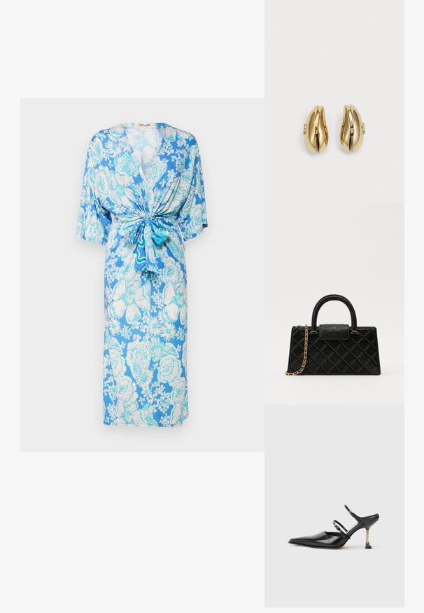 Diane von Furstenberg LIZA DRESS - Φόρεμα από ζέρσεϊ - blue; Μαύρο δερμάτινο παπούτσι slingback με μυτερή μύτη, δύο ρυθμιζόμενες ταινίες και μεταλλικό τακούνι. Λείο υλικό και μινιμαλιστικός σχεδιασμός.; Μαύρη τσάντα χειρός από υφή δέρματος, με διαμαντένιο σχέδιο, χρυσή αλυσίδα και λαβή στην κορυφή με κλείσιμο καπάκι με λογότυπο.; Χρυσά σκουλαρίκια με ρέουσα, καμπυλωτή σχεδίαση. Κάθε σκουλαρίκι διαθέτει λεία επιφάνεια και ένα μικρό κούμπωμα με διακοσμητική λεπτομέρεια.