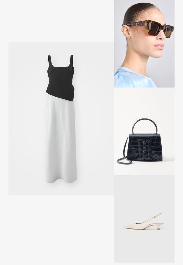 Top negru fără mâneci cu decolteu pătrat, combinat cu o fustă lungă albă, materiale contrastante și design asimetric. Textură netedă.; Pantof cu vârf ascuțit de culoare crem, cu toc mic și curea subțire, având o cataramă aurie, pe fundal alb simplu.; Ochelari de soare cu ramă rectangulară, groasă, din material tortoiseshell. Lentile întunecate și accente aurii pe brate. Finisaj lucios și neted.; Geantă din piele cu model de crocodil negru, cu un design structurat, mână superioară, curea ajustabilă și un detaliu proeminent cu logo pe față.